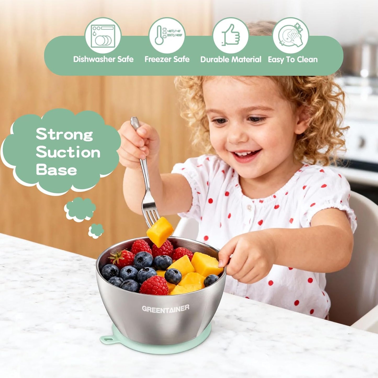Greentainer Stainless Steel Baby Bowl Set of 3, Double Wall Insulated, Unbreakable Toddler Bowls with Removable Silicone Suction Base, Non-Slip, Dishwasher Safe, BPA-Free for Infants 6+ Months (Green)