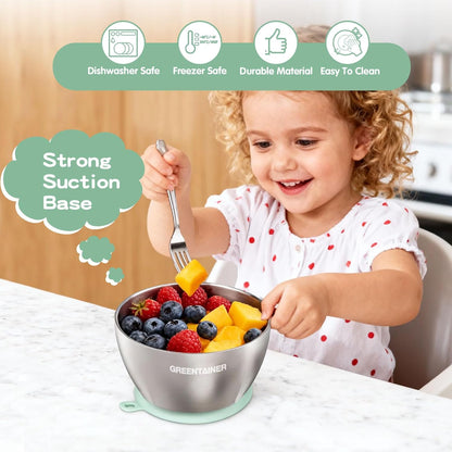 Greentainer Stainless Steel Baby Bowl Set of 3, Double Wall Insulated, Unbreakable Toddler Bowls with Removable Silicone Suction Base, Non-Slip, Dishwasher Safe, BPA-Free for Infants 6+ Months (Green)