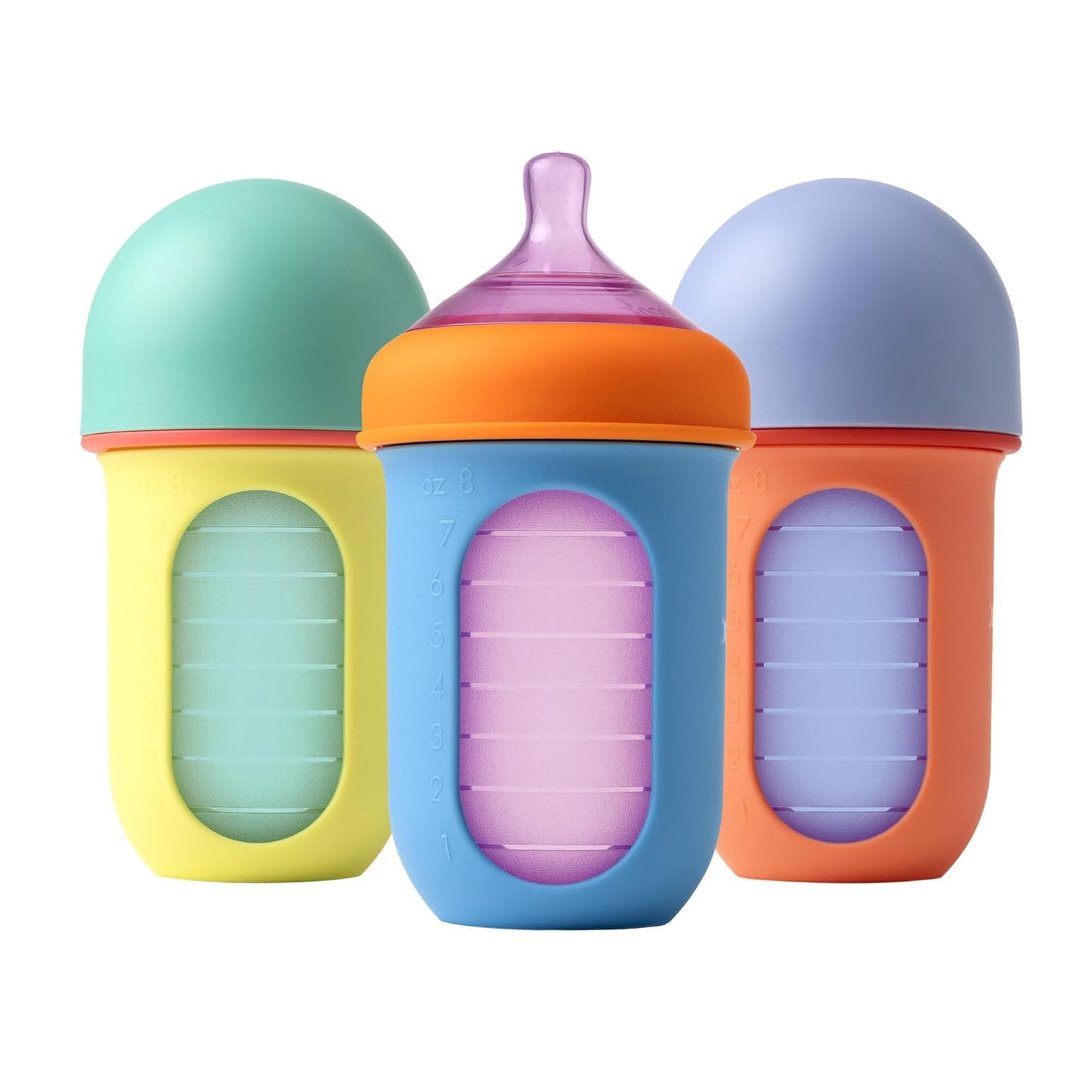 Boon Nursh Reusable Silicone Pouch Baby Bottles - Medium Flow Nipple - Silicone Baby Bottle Pouch and Nipple - Baby Feeding Essentials - Gray - 3-6 Months - 3 Count - 8 Ounce