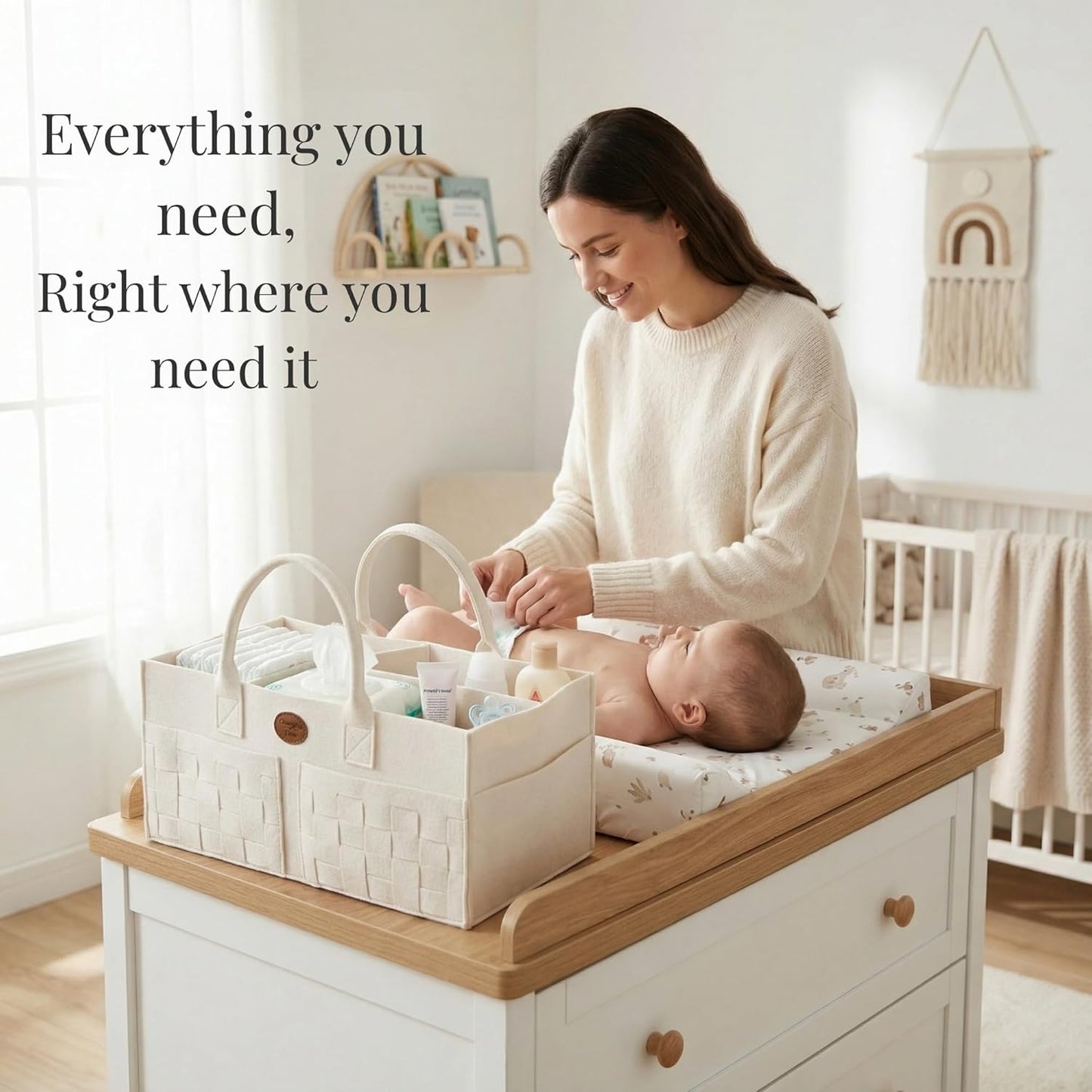 Baby Diaper Caddy Organizer for Nursery – Large Felt Storage Basket for Baby Essentials, Wipes & Diapers – Portable Nursery Organizer Bin for Changing Table or Living Room Light Grey