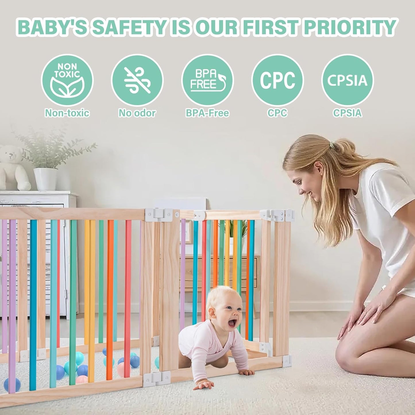 Foldable Wooden Playpen-51x51x25in-Large Baby Gate Playpen with Child-Proof Lock-Easy Assembly, Portable Design for Babies & Toddlers- Shape& Size Adjustable Baby Fence Play Area (Wood, 6 Panel)