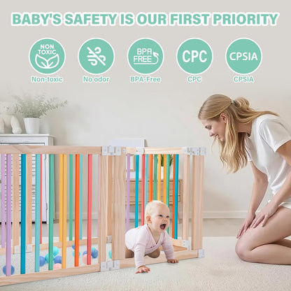 Foldable Wooden Playpen-51x51x25in-Large Baby Gate Playpen with Child-Proof Lock-Easy Assembly, Portable Design for Babies & Toddlers- Shape& Size Adjustable Baby Fence Play Area (Wood, 6 Panel)