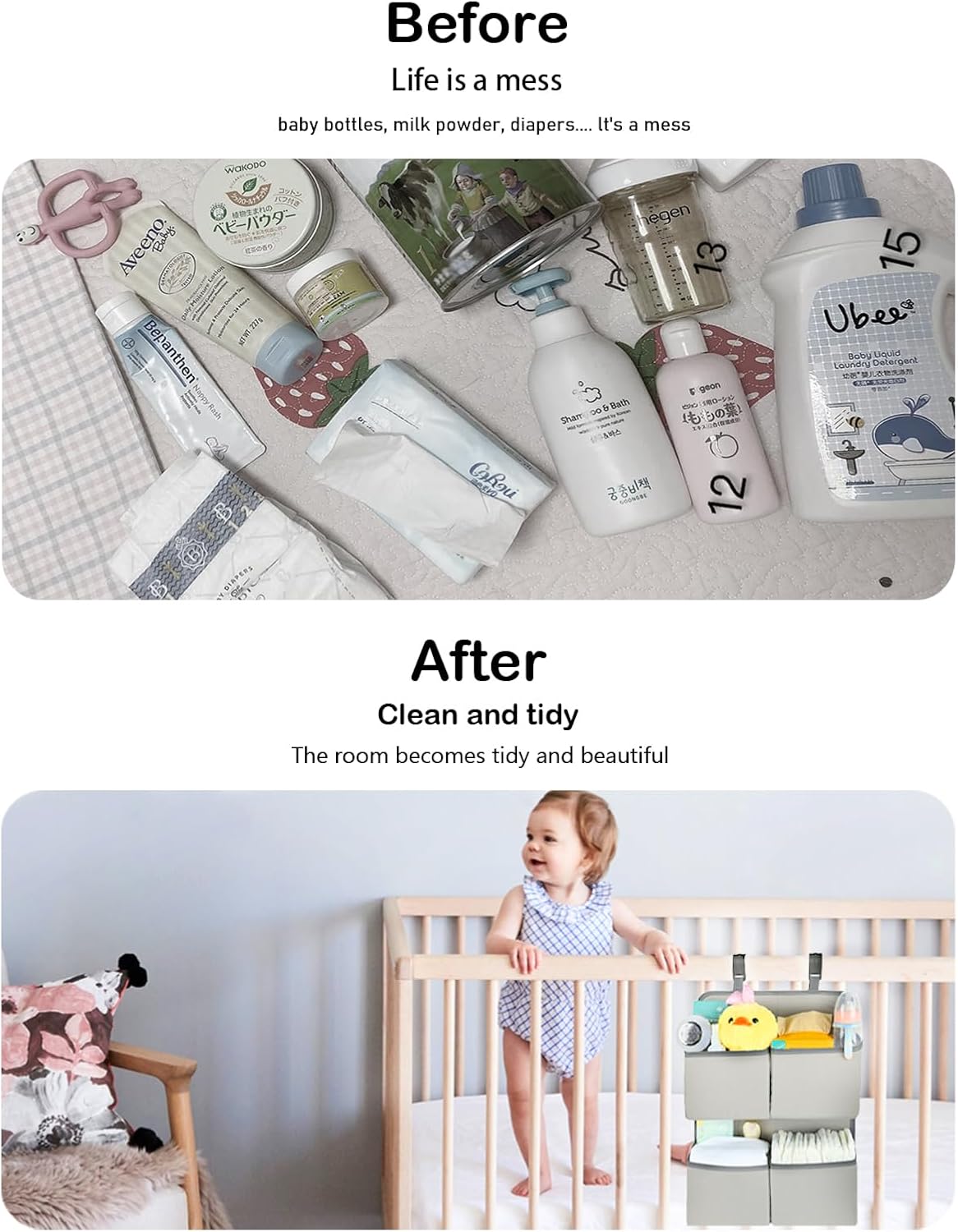 Hanging Diaper Organizer for Crib/Playpen/Bassinet – Hold 80+ Diapers - 4 Deep Pockets-H19in x L15 in Changing Table Diaper Holder - Hanging Diaper Storage Stacker Nursery Caddy - Gray