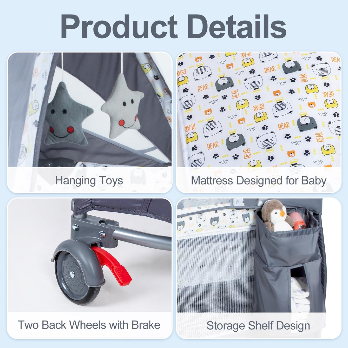 4 in 1 Pack and Play,Foldable Baby Playard with Changing Table,Travel Crib for Infants & Toddlers,Portable Playpen with Breathable Mesh,Wheels & Storage Bag,Grey