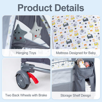 4 in 1 Pack and Play,Foldable Baby Playard with Changing Table,Travel Crib for Infants & Toddlers,Portable Playpen with Breathable Mesh,Wheels & Storage Bag,Grey