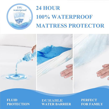 Twin XL Waterproof Mattress Protector for Dorms. Noiseless, Breathable, and Machine Washable Fitted Mattress Cover with Deep Pocket up to 5”-21”（White）