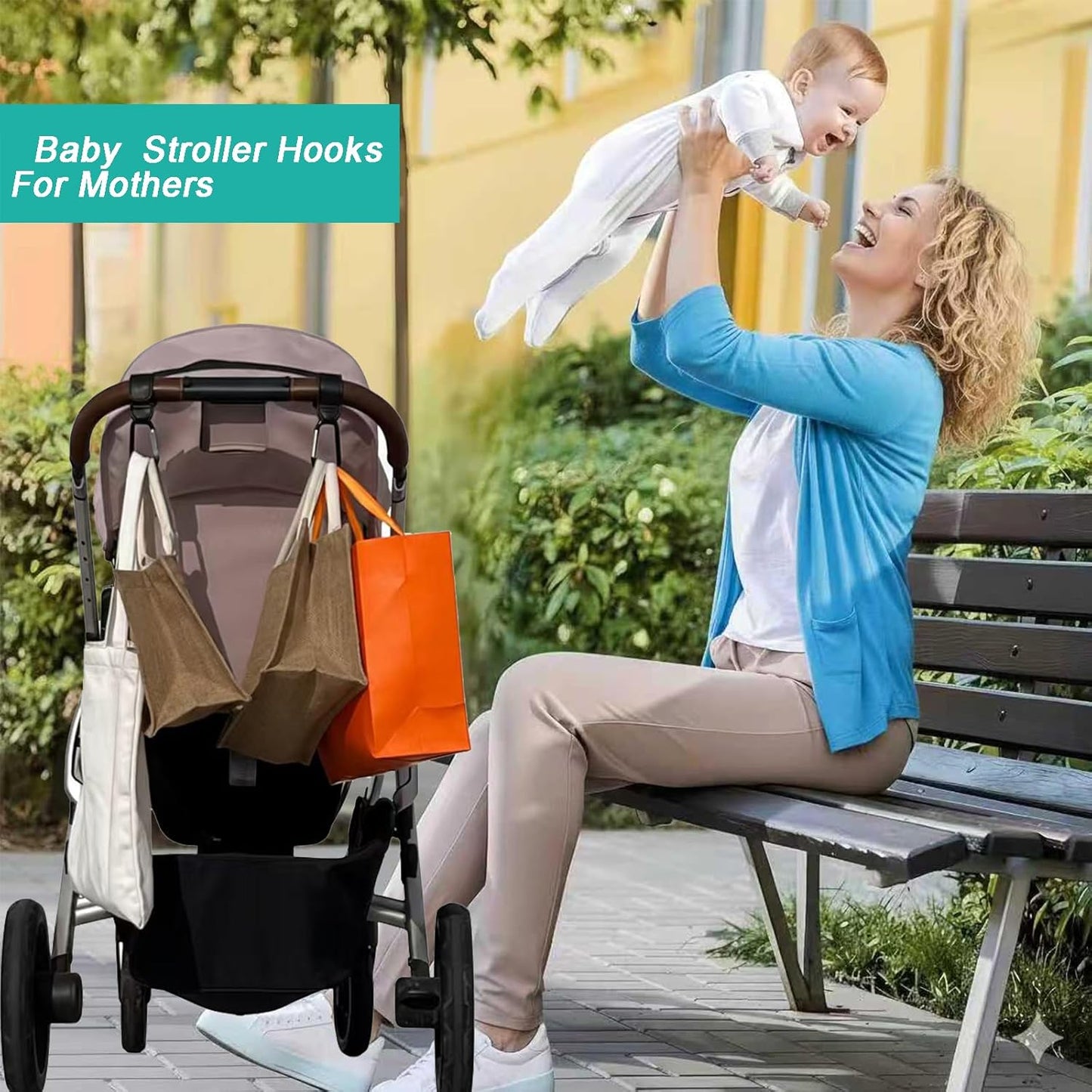 Stroller Hooks with Silicone Bottle Holders - 2 Pack Heavy Duty Aluminum Carabiner Clips & 2 Universal Silicone Grips for Water Bottles - Universal Organizer for Diaper Bags, Wheelchairs, Carts