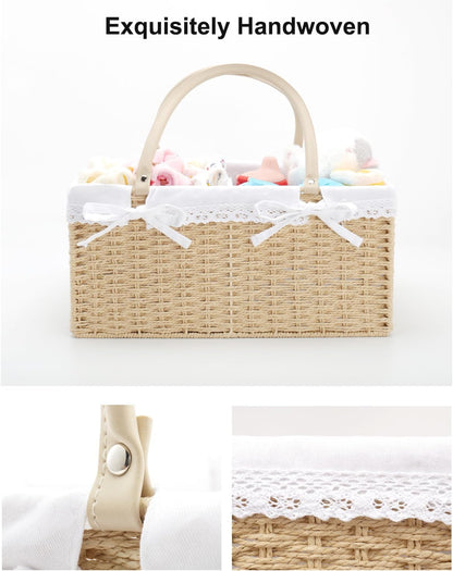 Large Baby Diaper Caddy Basket - Wicker Paper Rope Storage Baskets Portable Woven Car Organizer for Diapers With Cotton Divider Brown