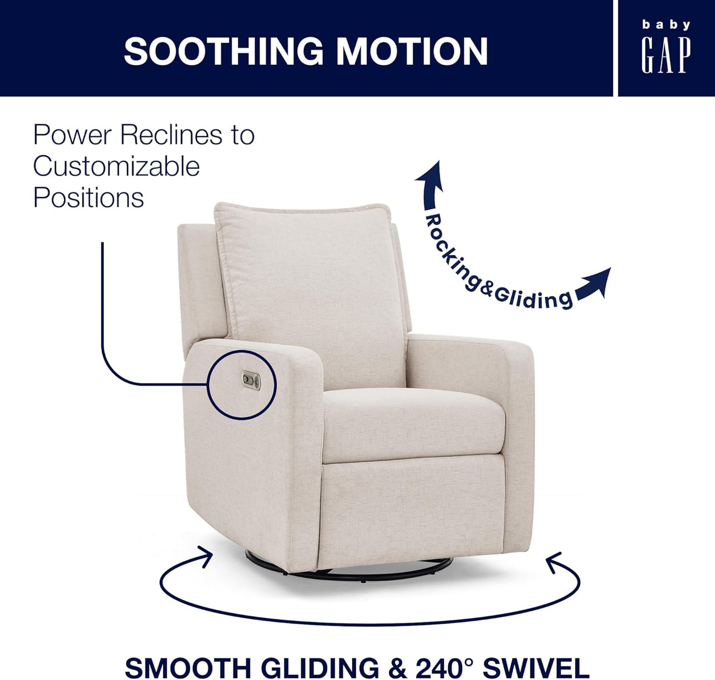 babyGap Harlowe Power Recliner with USB-A and Type-C Ports by Delta Children - Greenguard Gold Certified – Stain-Resistant Performance Fabric is Oeko-TEX Standard 100 Certified, Sand