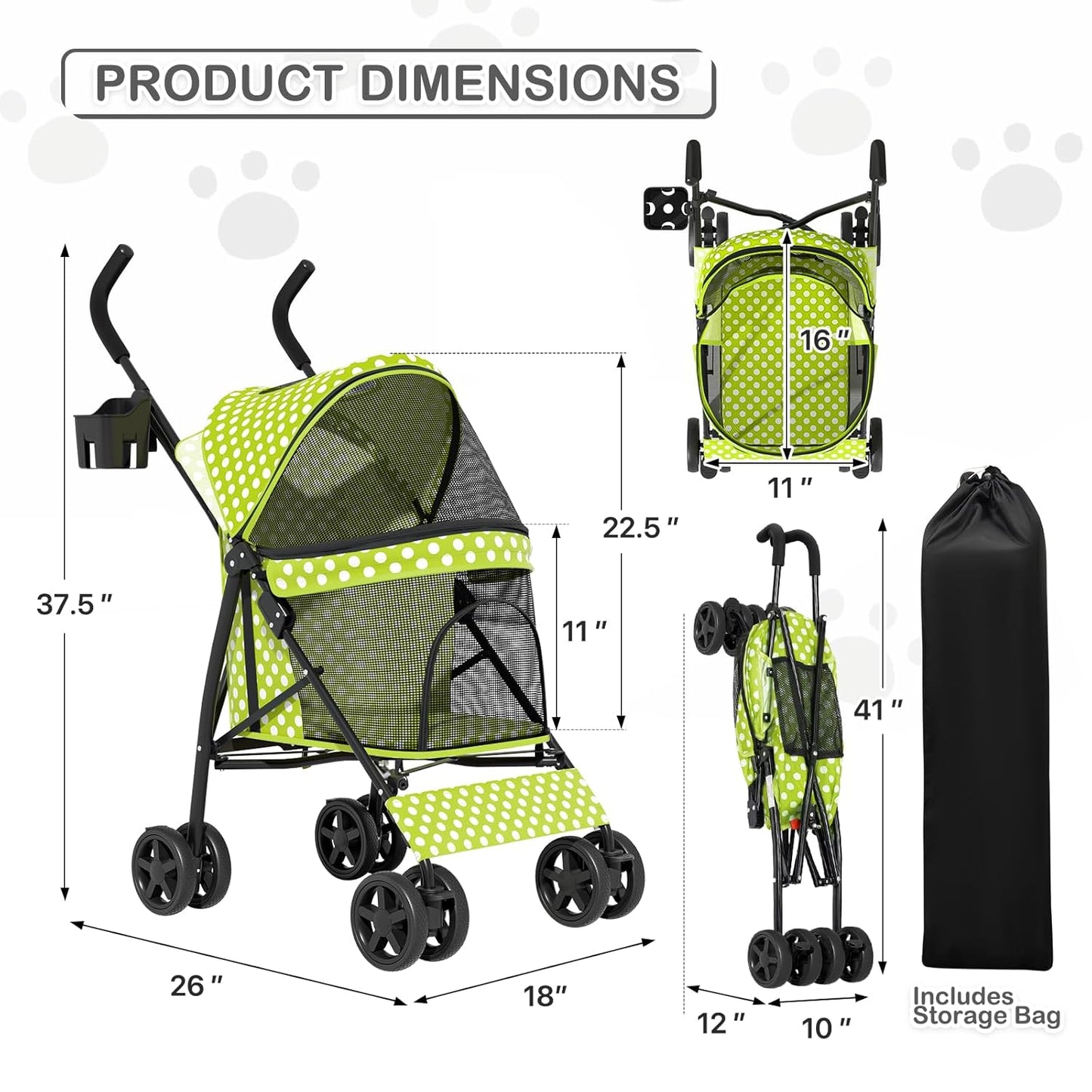 MoNiBloom 4 Wheels Pet Stroller, Easy-Fold Puppy Cage Jogger Stroller with Sun Cover, Pad and Rear Storage Bag, Breathable and Visible Mesh for Small/Medium Pets up to 22 lbs, Black
