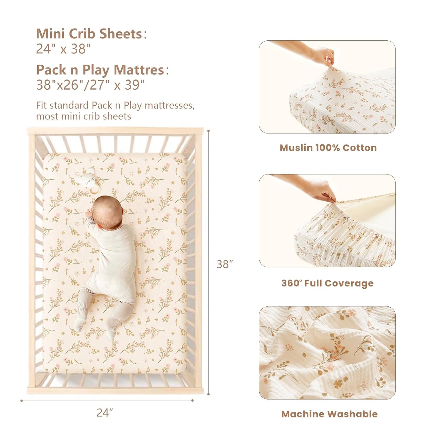 Konssy Muslin Mini Crib Sheets, 100% Soft Cotton Pack and Play Sheets for Pack N Play Mattress, Playard Baby Crib Sheets for Baby Girls (Floral, Pink)