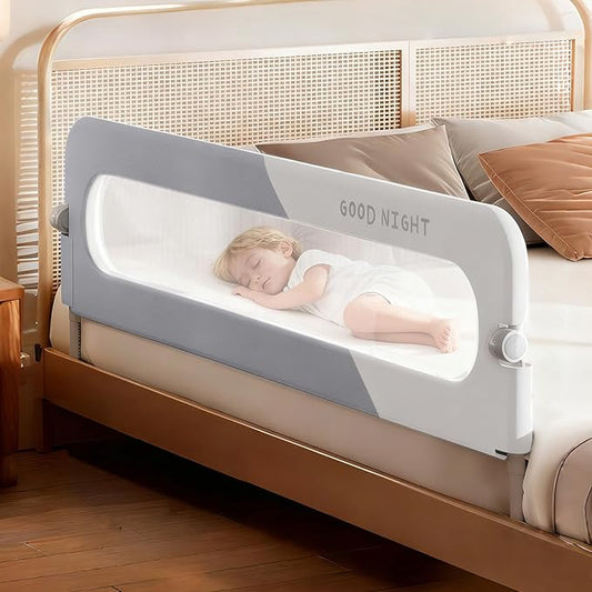 Bed Rail for Toddlers, 59" Foldable Baby Bed Rail Guard with Drilled-Free Installation, Adjustable Height, Suitable for Twin, Full, Queen & King Size (Gray Patchwork,59inch)