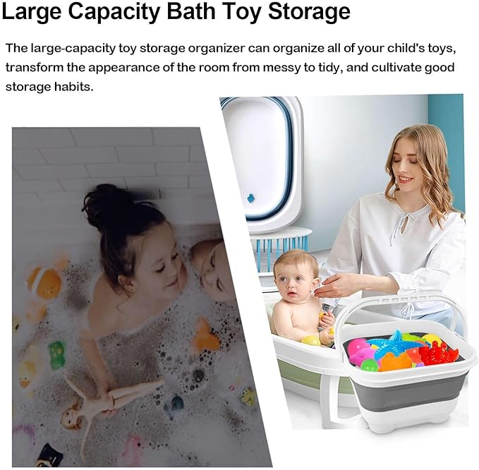 Bath Toy Storage Organizer - Foldable Bath Toy Holder for Bathtub, Bathtub Toy Storage with Removable Drying Base, Bathroom Toy Storage with 2 Hooks