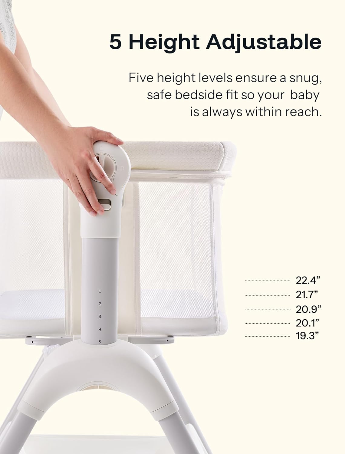 HARPPA Cuddly Sway Baby Bassinet Bedside Sleeper, 3 in 1 Rocking Bassinet with Mattress and Soft Cover, Full Mesh Sides, 5 Height Adjustable with Wheels for Newborns, Beige