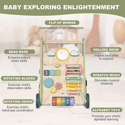 11-in-1 Montessori Baby Walker Toddlers Push Walker Wooden Activity Center Gift for 1 Year Old Boys Girls, Adjustable Speed & Quiet Wheels Learning to Walk Sensory Toys Baby Sit-to-Stand Walking Toys