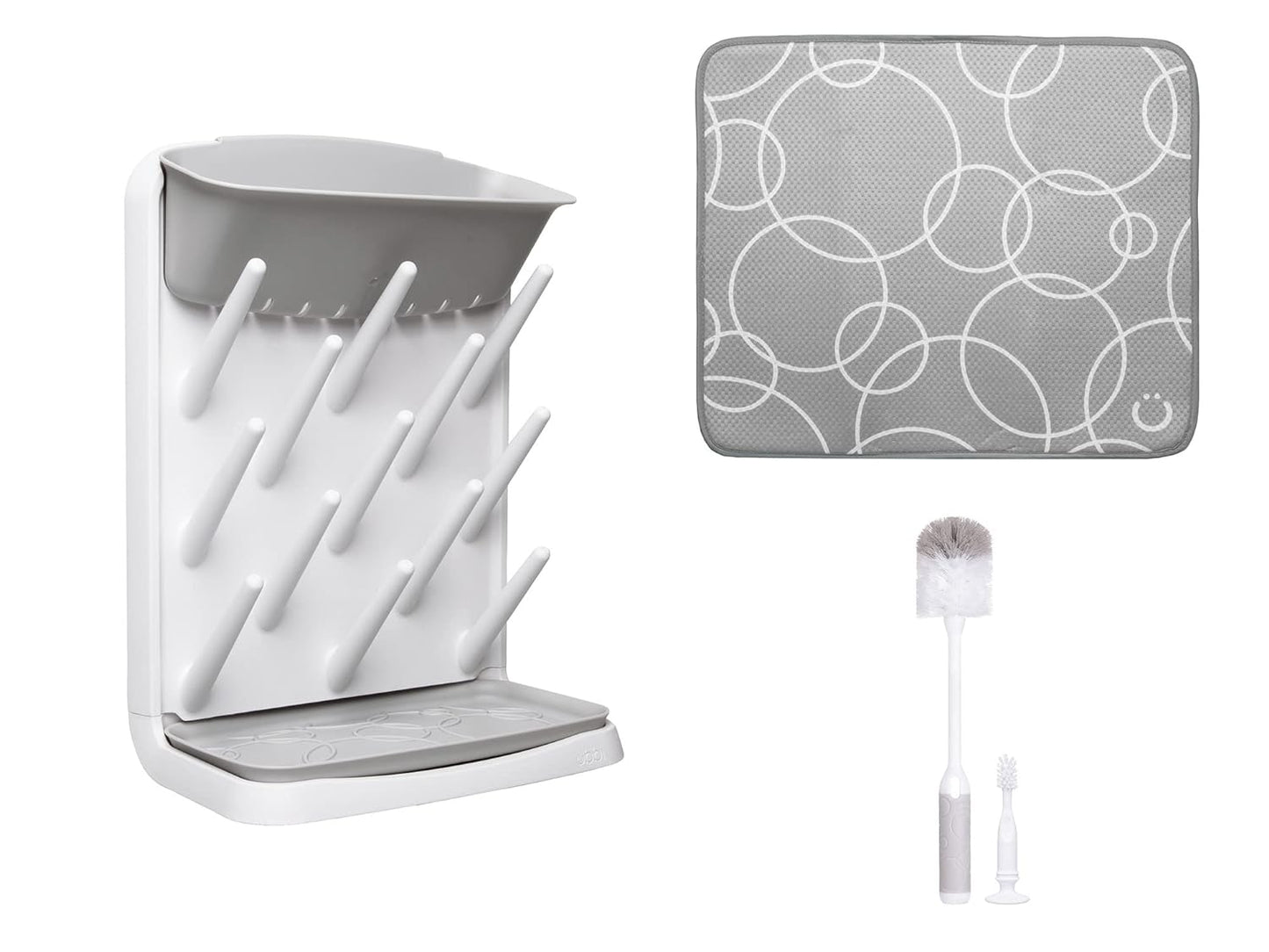 Ubbi Vertical Spacing Saving Bottle Drying Rack with 13 Pegs, 2-in-1 Bottle Brush & Microfiber Drying Mat Bundle, Newborn Baby Essentials, Baby Registry Must Haves, New Parent Gifts, Gray