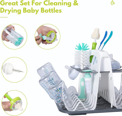 CAREBABYMORE High Capacity Drying Rack with 5pcs Brushes, Deluxe Countertop Drying Rack, Universal Drying Station, Baby Bottle Drying Rack with Bottle Brushes, White