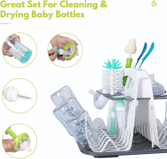 CAREBABYMORE High Capacity Drying Rack with 5pcs Brushes, Deluxe Countertop Drying Rack, Universal Drying Station, Baby Bottle Drying Rack with Bottle Brushes, White
