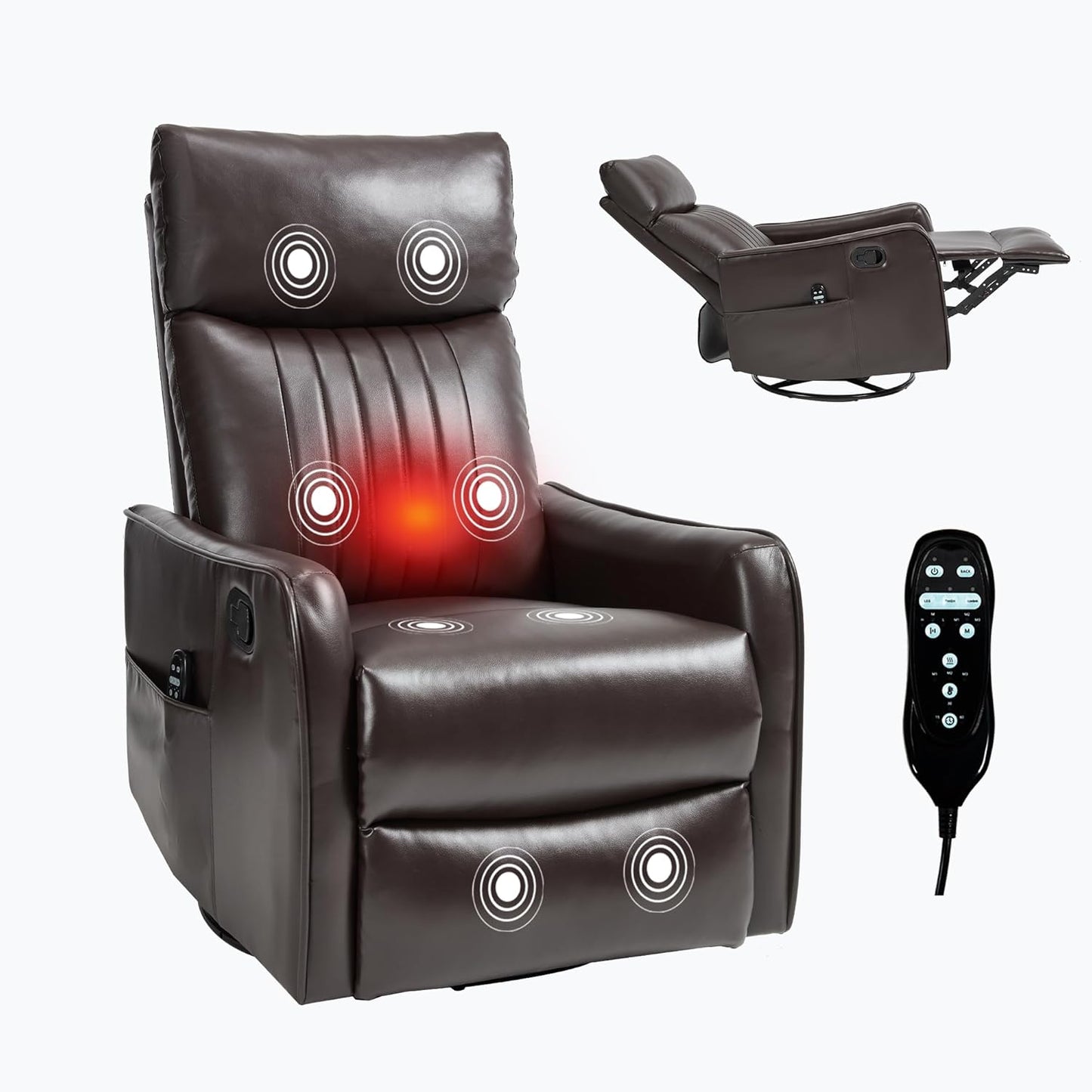 Swivel Rocker Recliner Chair for Adults, Nursery Rocking Chair with Heat and Massage, Glider Reclining Chair for Small Space Living Room Bedroom, Faux Leather Black
