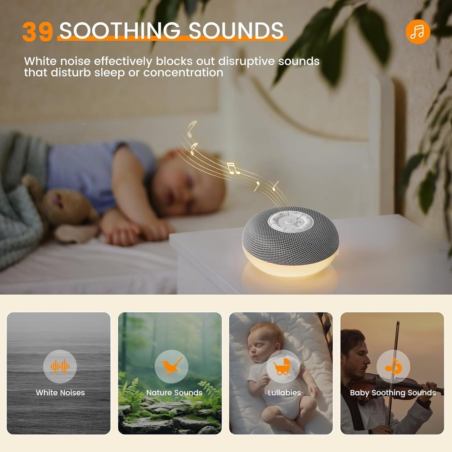 YEVIK Portable Sound Machine for Baby, Soothing Sleep Assistant with 39 Sounds & Night Light for Nursery, Travel, Kids & Adults (USB-C Rechargeable, Auto-Off Timer)