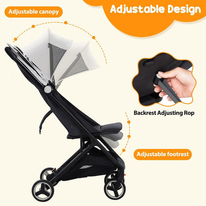 Lightweight Baby Stroller, Compact Umbrella Stroller with Adjustable Canopy/Footrest/Backrest, One-Hand Folding Newborn Infant Stroller for Airplane Friendly(Grey)