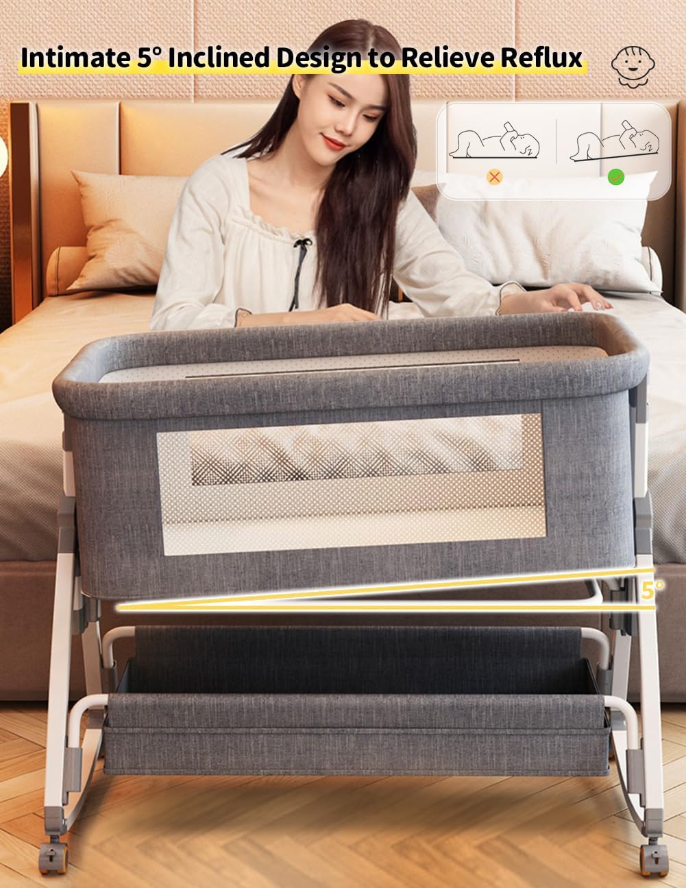 Baby Bassinet, Bedside Bassinet for Baby, 4 in 1 Portable Bassinet Bedside Sleeper with Wheels Mosquito Net & Storage Basket, 6 Height Adjustable Rocking Bassinet for Newborn Baby