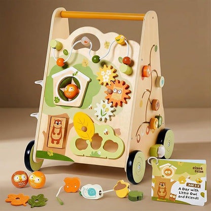 10-in-1 Wooden Baby Walker with Activity Center, Forest Montessori Push Toy for Toddlers 1–3, Bead Maze, Shape Sorter, Gears, Puzzles Fine-Motor Learning, Speed Adjustable Wood Walker for First Steps