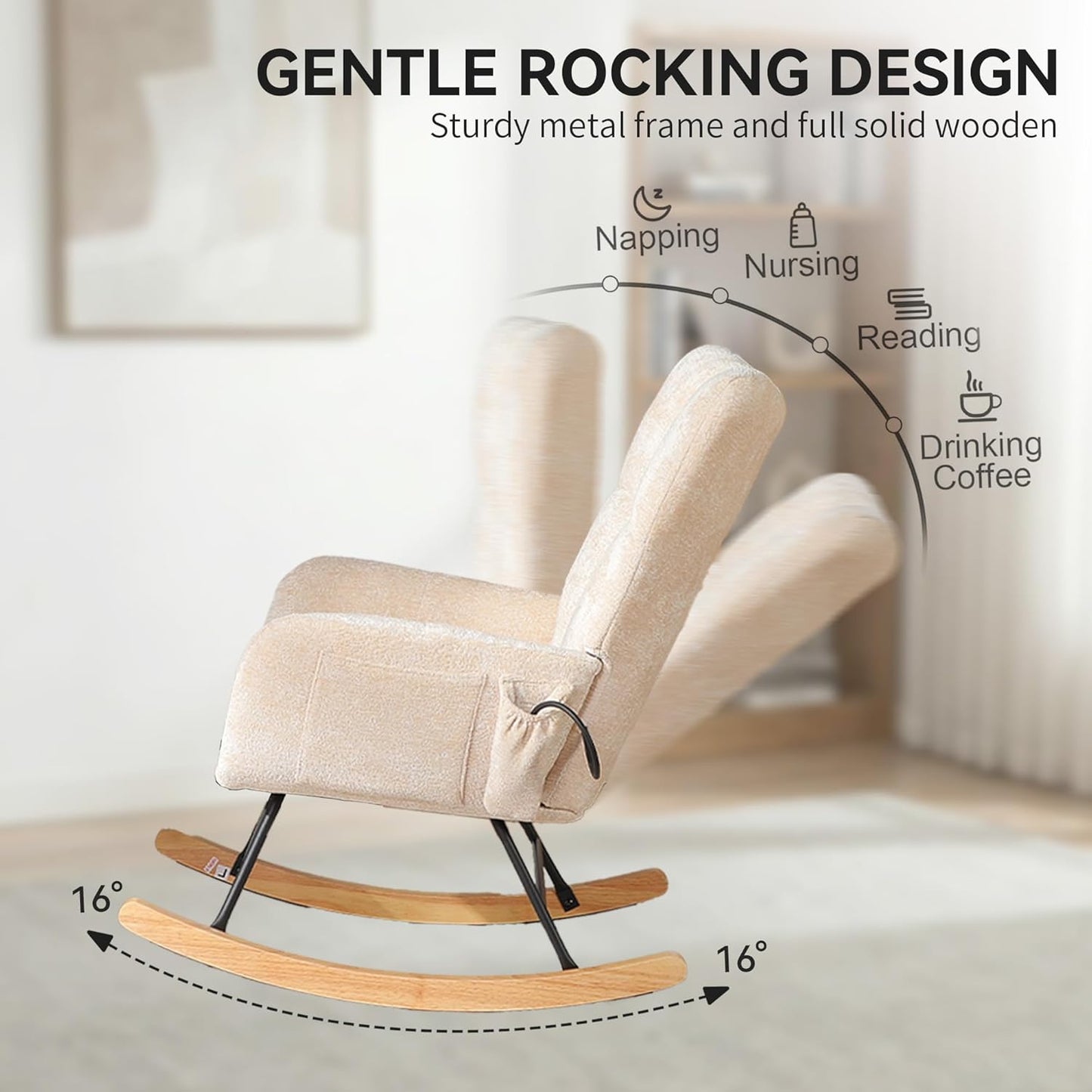 Nursery Rocking Chair Teddy Upholstered Glider Rocker Rocker Accent Chair with High Backrest Armchair Comfy Side Pocket Modern Rocking Accent Chairs for Living Room, Nursery, Office-Green