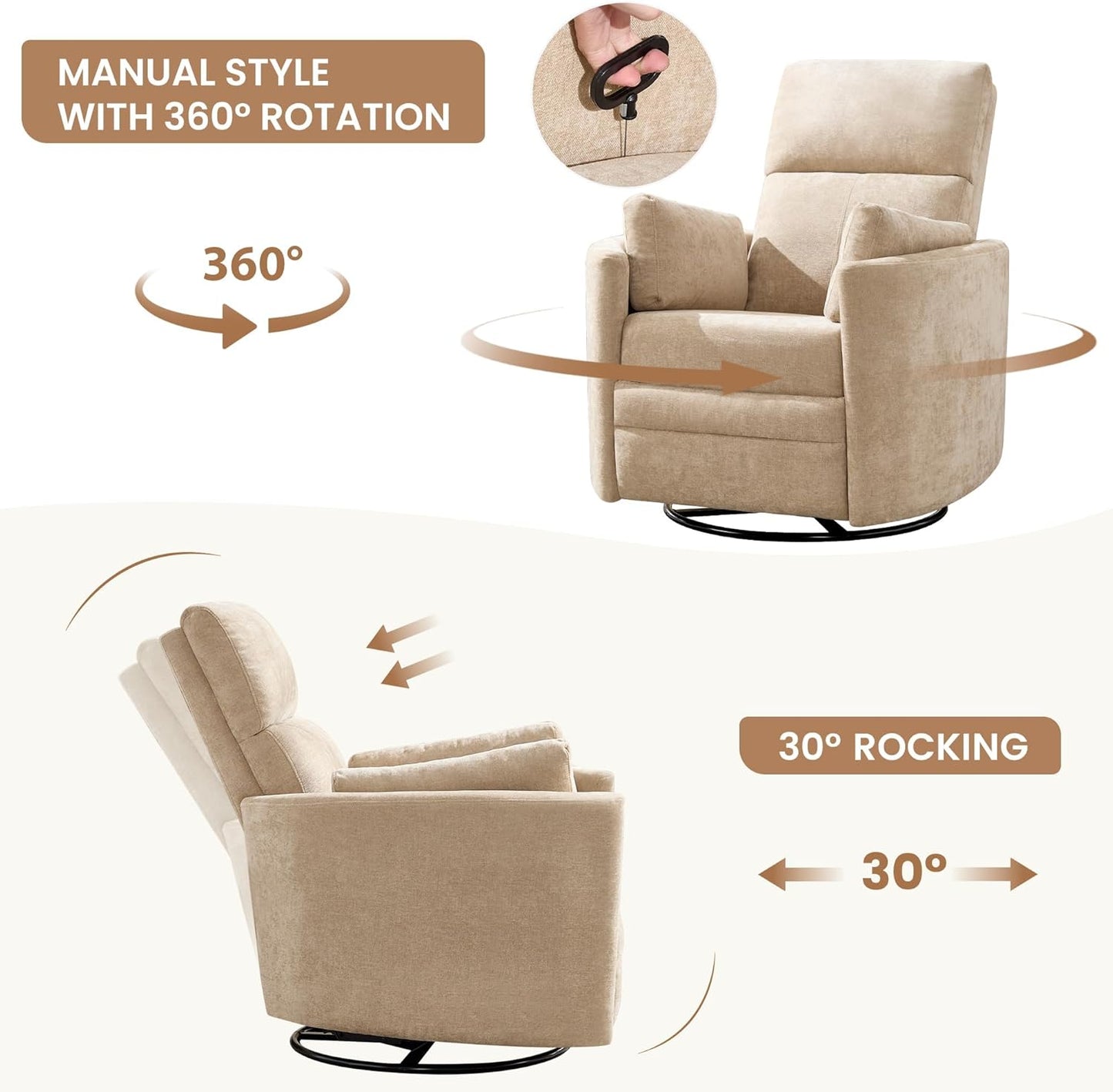 Power Recliner,Nursery Swivel Glider Rocking Chair with USB Port,Upholstered Adult Electric Recliner Rocking Chair with 2 Pillows for Living Room Bedroom (Beige Corduroy, Power-Driven)