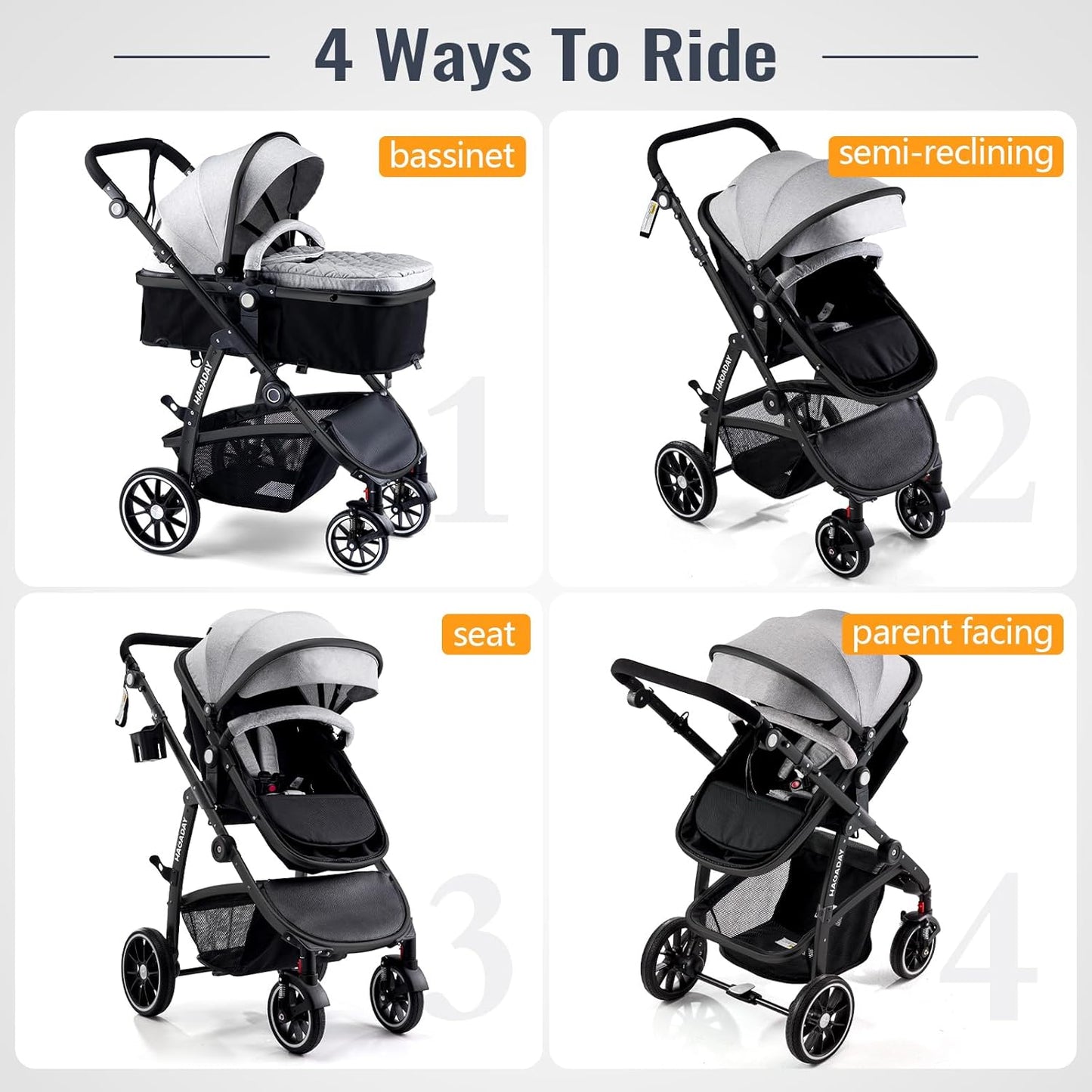 Baby Stroller, 2-in-1 Reversible Toddler Seat with Lie-Flat Mode, Foldable Infant Stroller with Canopy, One Button Brake, Adjustable Handle, Newborn Pushchair (Black B)