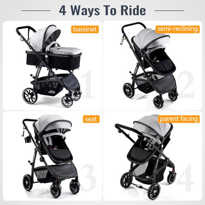 Baby Stroller, 2-in-1 Reversible Toddler Seat with Lie-Flat Mode, Foldable Infant Stroller with Canopy, One Button Brake, Adjustable Handle, Newborn Pushchair (Black B)