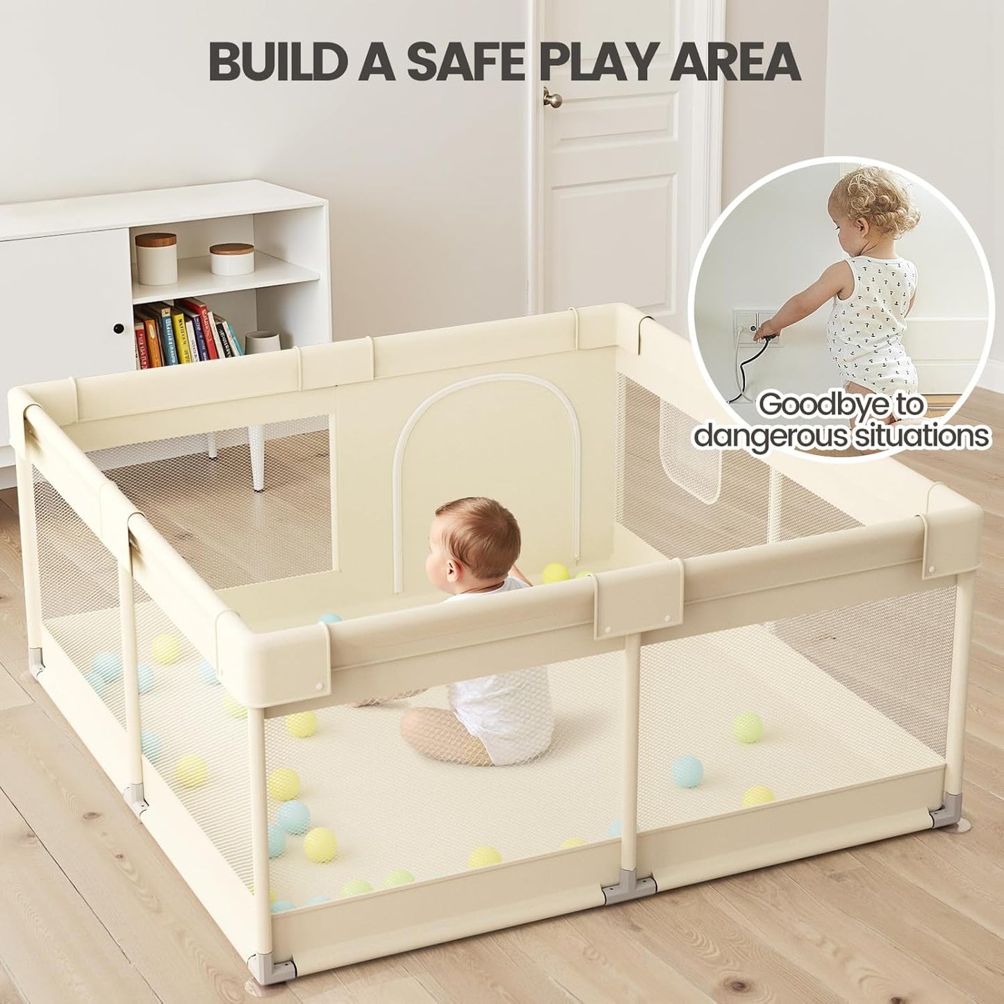 Uanlauo Beige Small Baby Playpen - 47x47in Playpen for Babies and Toddlers, Safe Indoor Play Pen, Baby Pen with Storage Bag and Breathable Mesh