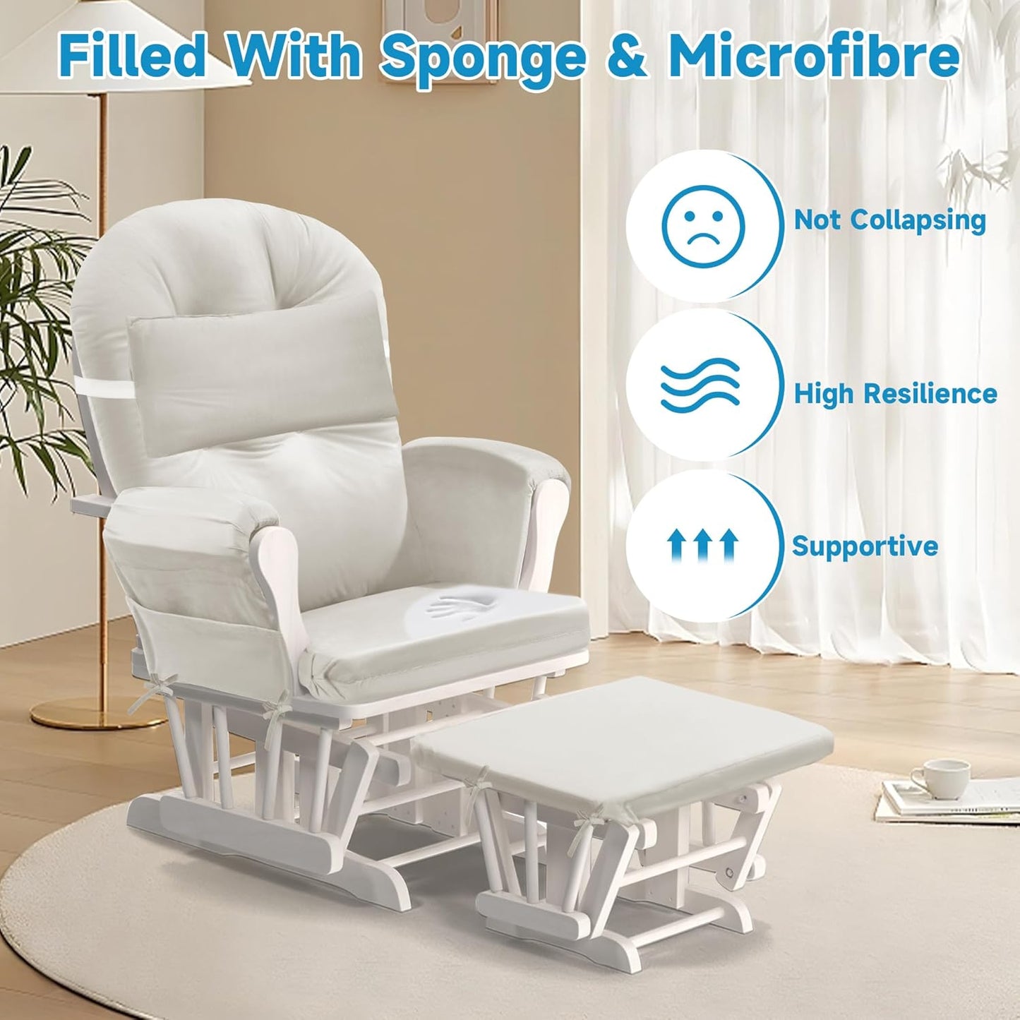 MABOZOO 6 PCS Glider Rocker Replacement Cushions with Storage Side Pocket,Foam & Microfiber Filling, Non-Slip & Washable,Thickened & Supportive Velvet Rocking Chair Cushion Set(Gray)