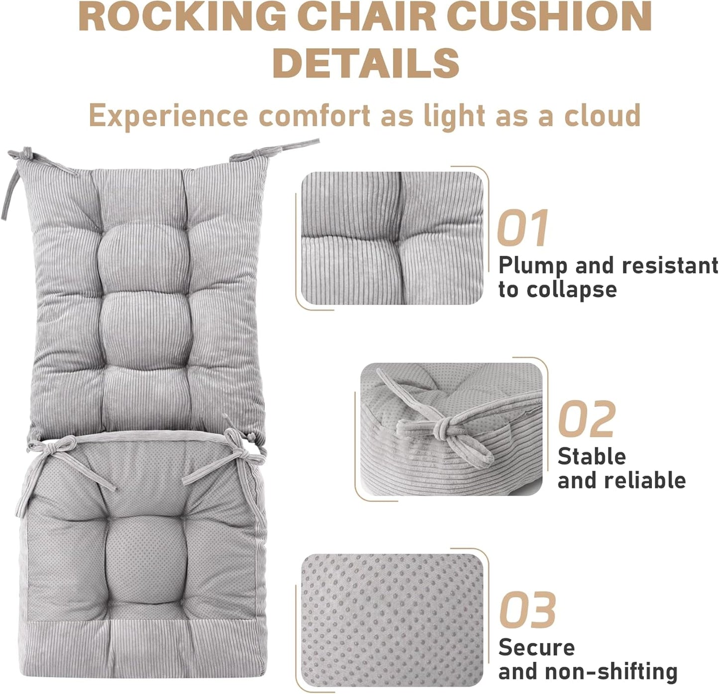 Rocking Chair Cushion with Ties Non-Slip Outdoor Rocking Chair Cushion Set Waterproof Fade-Resistant Porch Garden Patio Glider Rocker Cushions