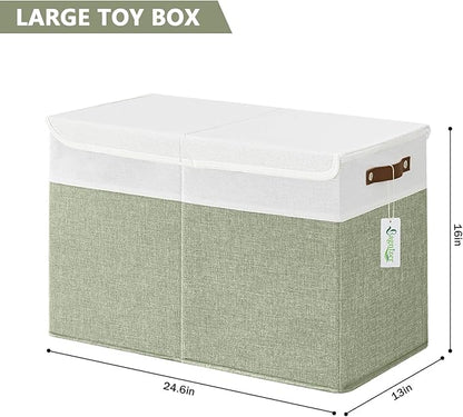Bagnizer Large Toy Storage Box with Lids, Collapsible Sturdy Baby Storage Organizer Chest Bin Basket for Kids, Boys, Girls, Playroom, Nursery, Bedroom, Closet 25"x13"x16" (Green and White)