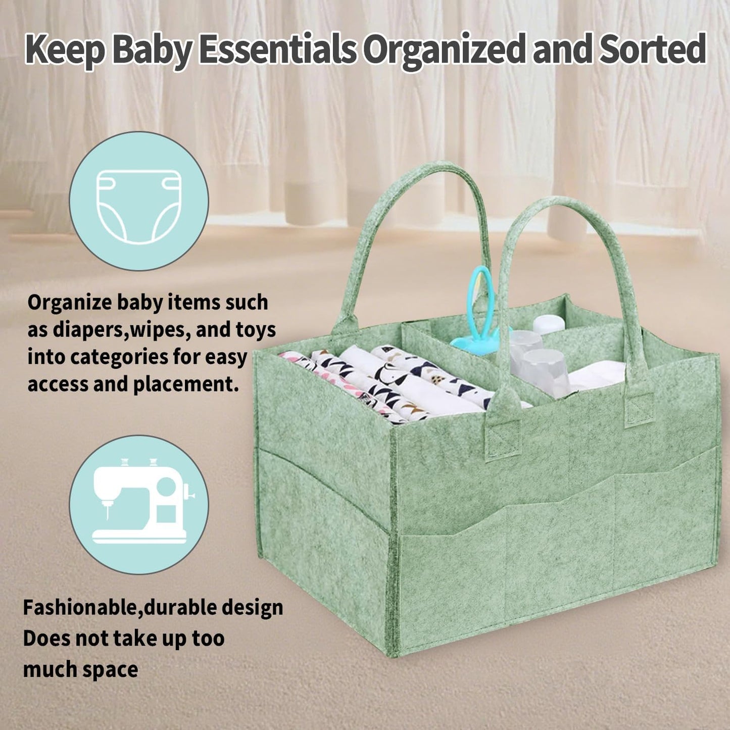 2 Pack Diaper Caddy Organizer, Portable Baby Caddy Organizer with Handle, Collapsible Nursery Storage Bin and Gift Baskets for Girls and Boys - Newborn Essentials, Baby Shower Gifts (Green)