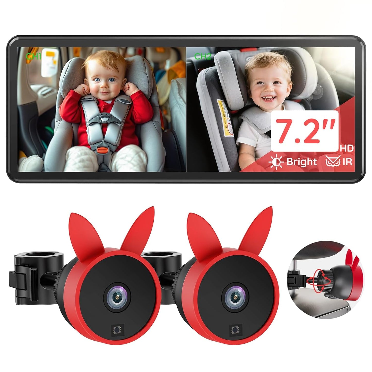 Babyvue BV3PRO Dual Baby Car Camera for 2 Boys, 7.2" 1080P HD Split Screen, Crystal Clear IR Night Vision, No Distortion Display Baby Car Monitor, Safe Driving for Back Seat & Pets