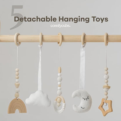 Comfy Cubs Wooden Baby Play Gym - Natural Finish Pinewood Baby Activity Gym with 5 Sensory Hanging Toys - Easy No-Tool Assembly, Safe and Durable for Infant Motor and Visual Development - Natural Wood