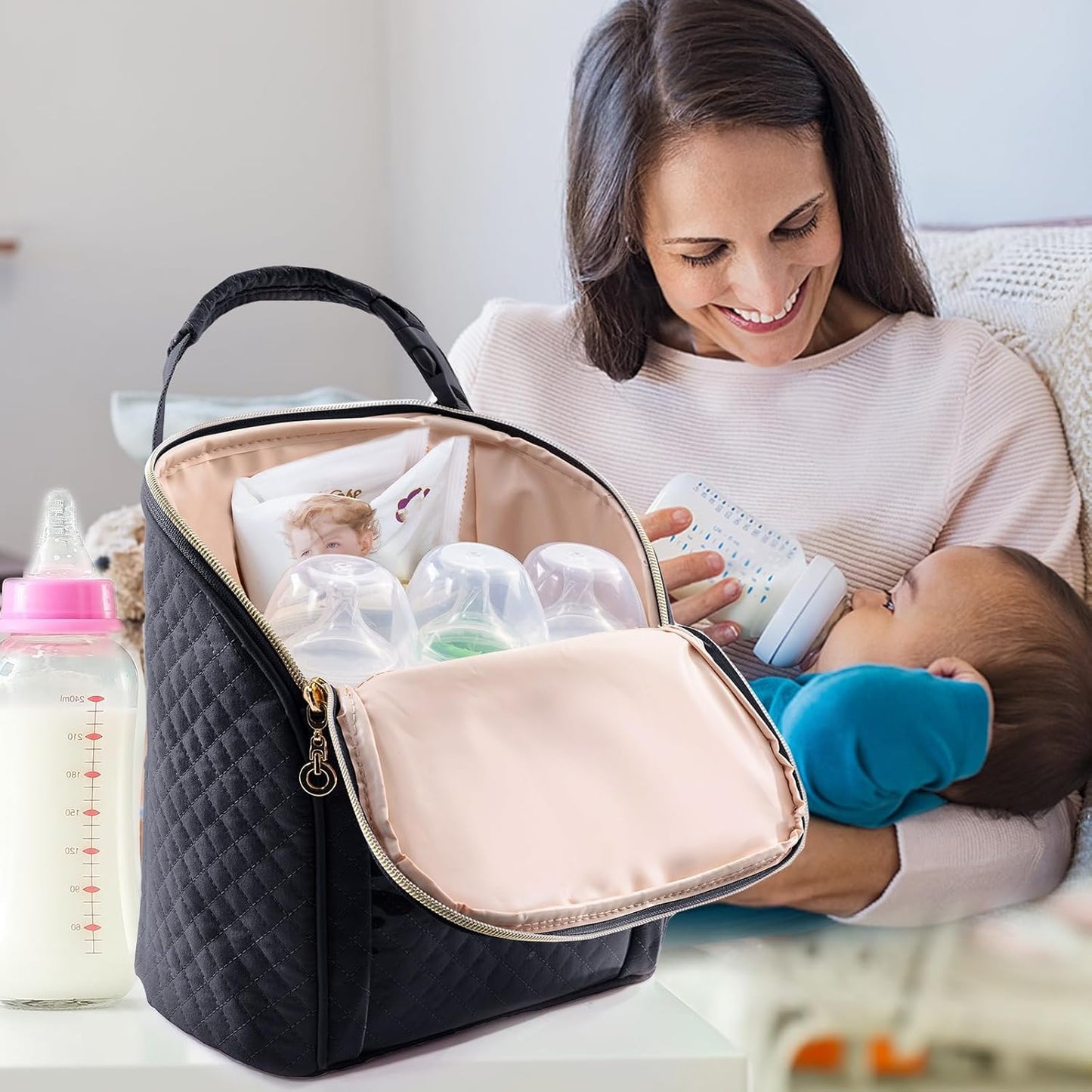SFYBYHEART Breastmilk Cooler Travel Bag with Ice Pack for 6 Baby Bottles Up to 9 Ounce - Insulated Bottle bag for Daycare - Breastmilk Storage Bag - Baby Bottle Cooler Bag - Bottle Holder