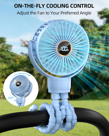 Portable Stroller Mini Fan, Small Rechargeable Personal Fan, Baby Travel Essentials for Wagon, Car Seat, Treadmill, Battery Powered Biking Gear Accessories, 360° Rotation, 3-Speed, Display, Black