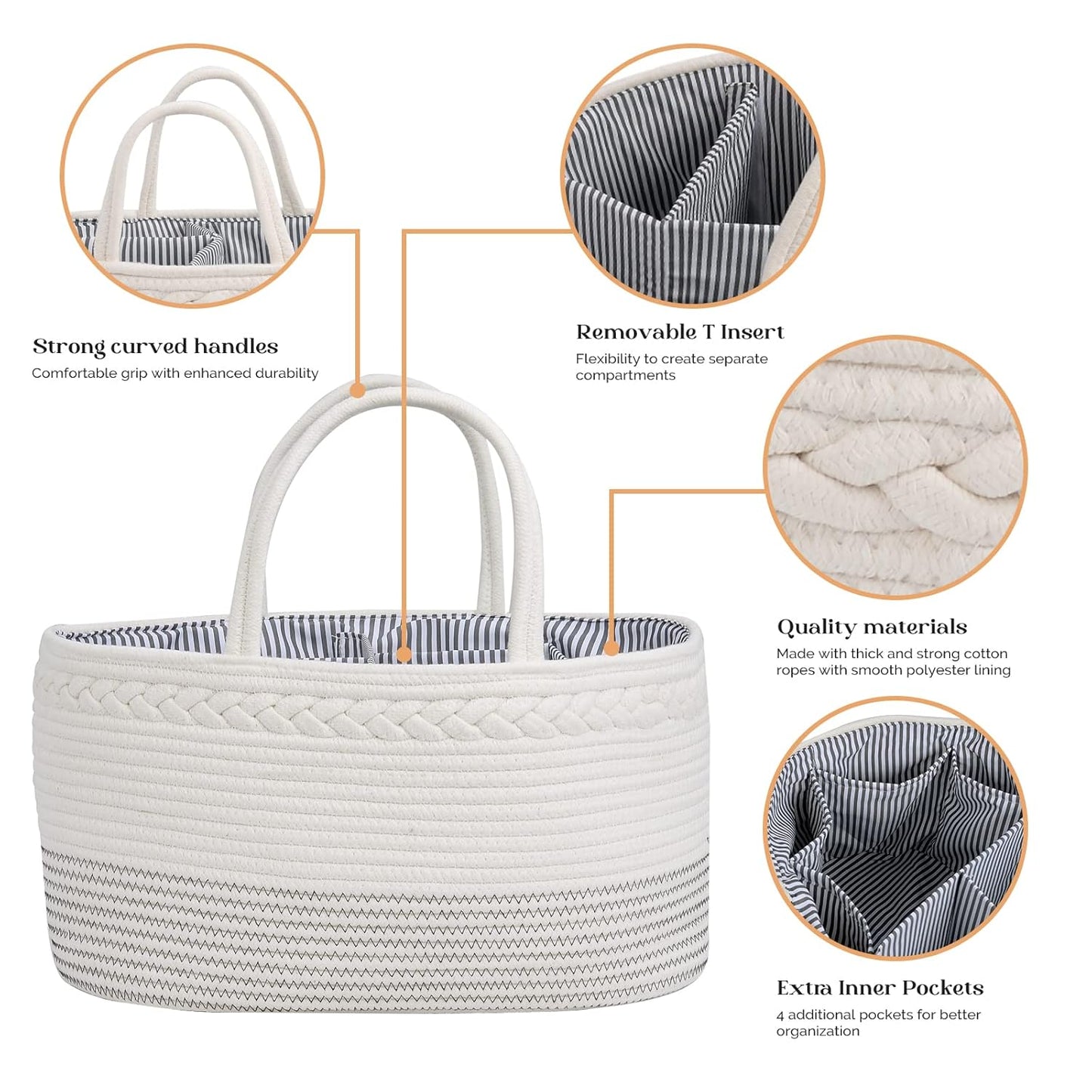 luxury little Diaper Caddy Organizer, Large Cotton Rope Nursery Baby Basket, Changing Table Organizer for Baby Diaper Storage, Portable Car Organizer Removable Divider (Off White, Large)