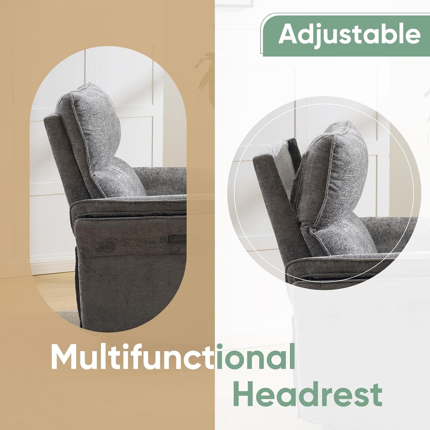 Oversized Swivel Rocker Recliner with Adjustable Headrest, Rocking Chair Nursery with Overstuffed Armrest, Manual Rocker Recliner Nursery Chair for Living Room, White