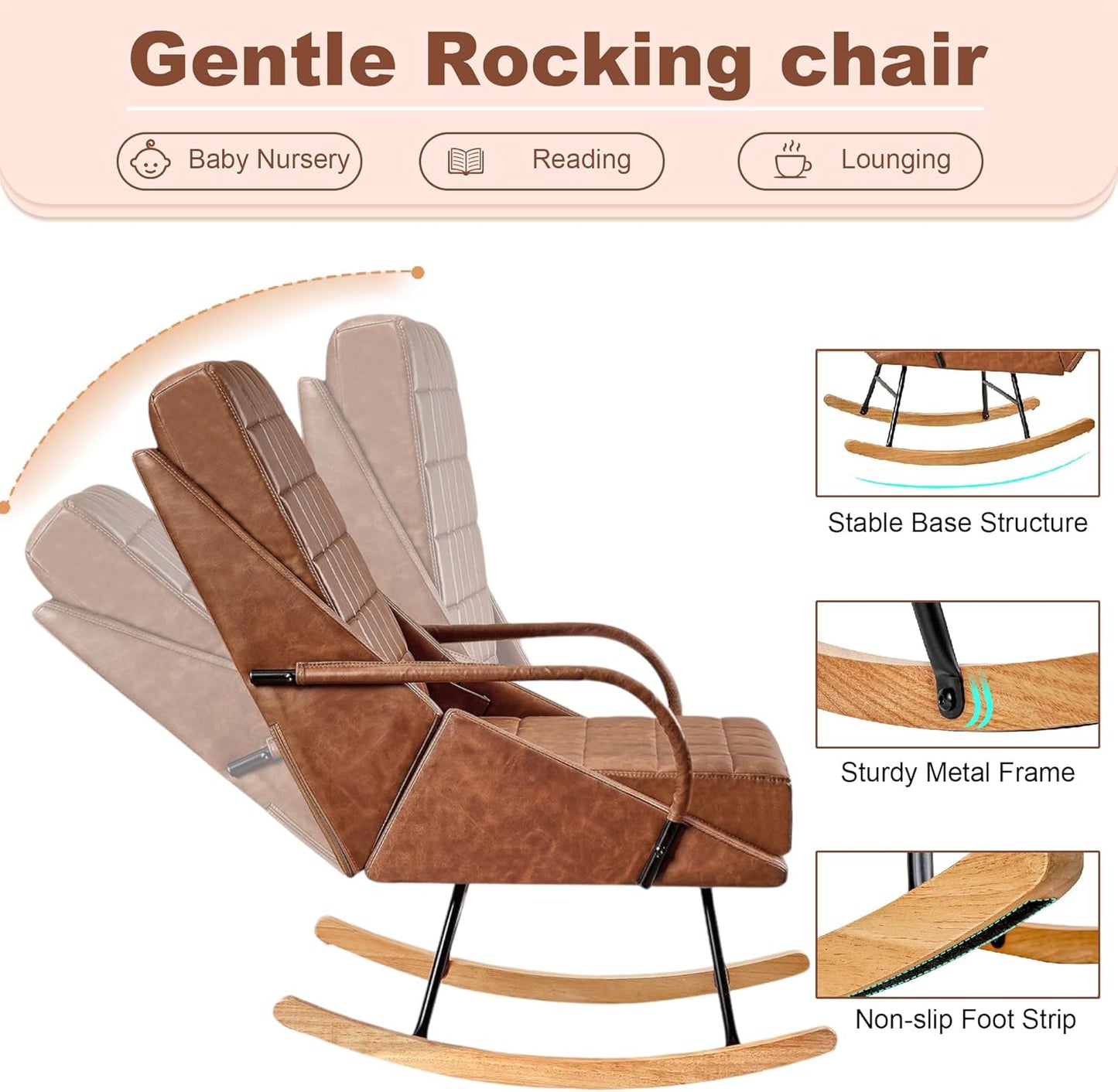 VECELO Rocking Chair Nursery, Oversized Leather Glider Rocker with Padded Cushion, Upholstered Removable High Back, Brown
