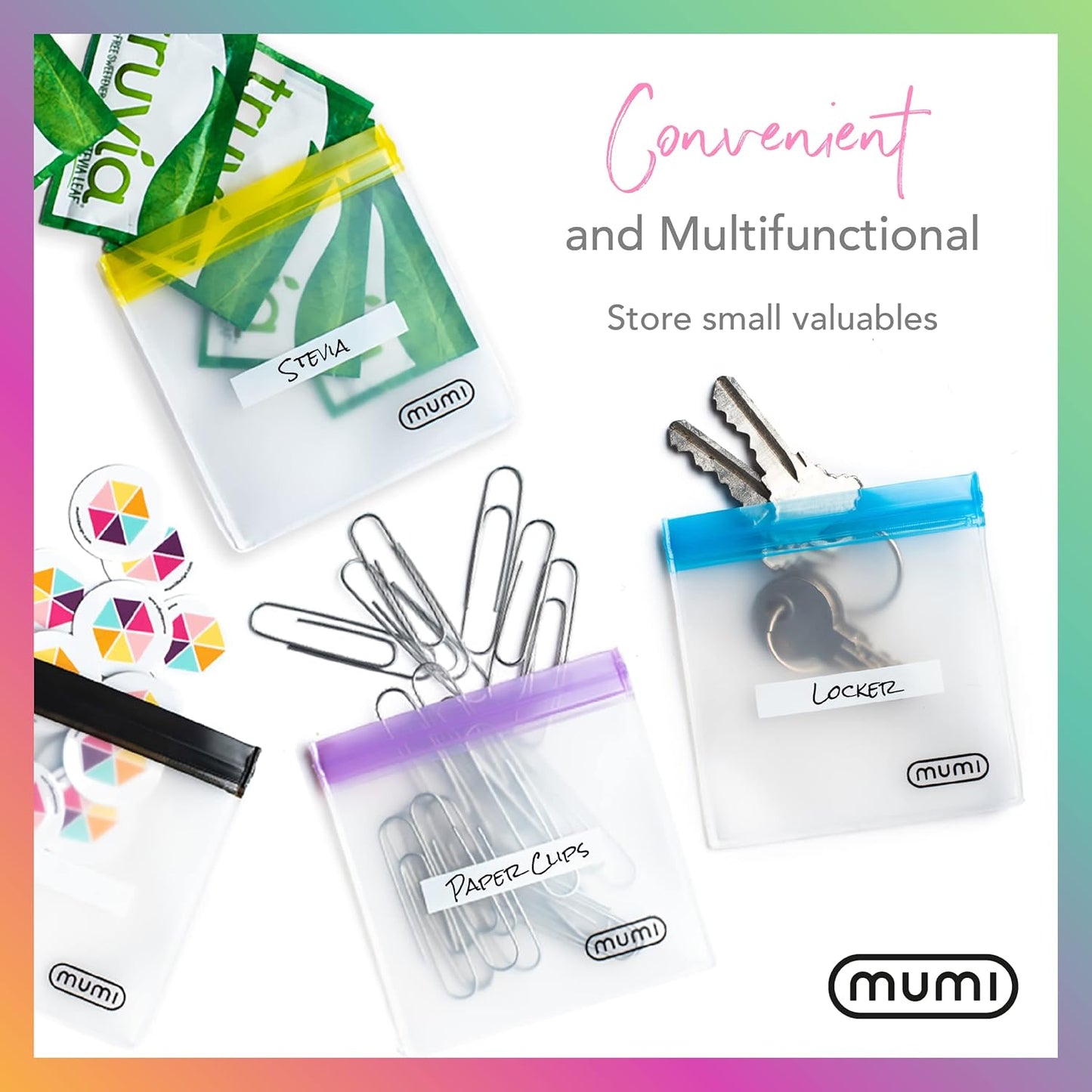 MUMI Single Dose Kit – 7pc (2.36” x 6.14”) Reusable Protein Powder Travel Container Packets with Zip-Up Bag (8” x 5”) & Funnel | Protein Powder Container to Go, Travel Powder Containers & Organizer