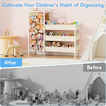 B6 Toy Storage Organizer with Stuffed Animal Storage, 3-Tier Wooden Shelves and 8 Bins, Toy Shelf Organizer, Kids Bookshelf and Toy Storage for Kids Room, Bedroom, Playroom, Nursery, White