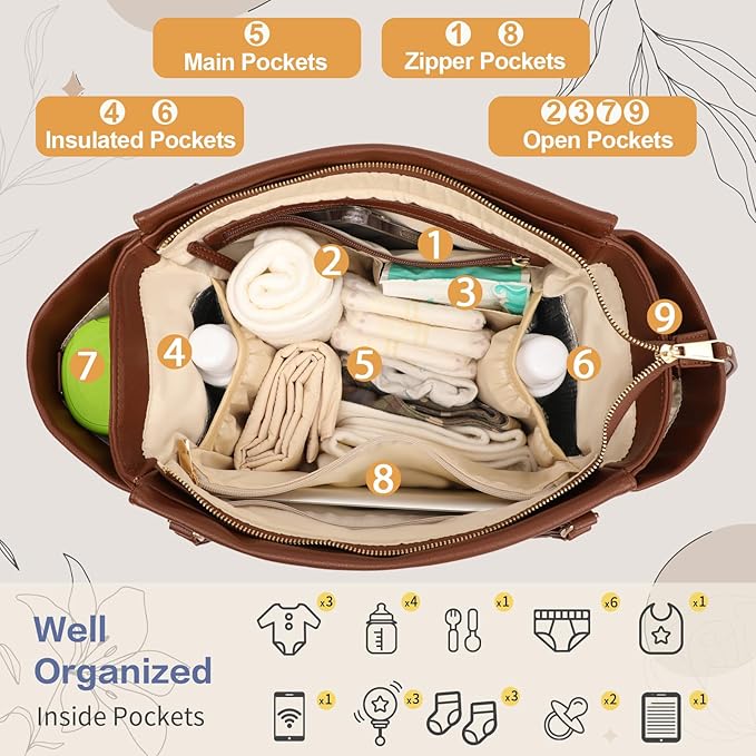 miss fong Diaper Bag Tote Leather Diaper Bag Backpack, Large Capacity Mommy Bag Hospital Bag, 12 Pockets Travel Diaper Tote with Changing Pad Pañaleras Para Bebe for Mom & Dad-Brown | Large Capacity, Mommy Bag, Hospital Bag, 12 Pockets, Travel Diaper T...