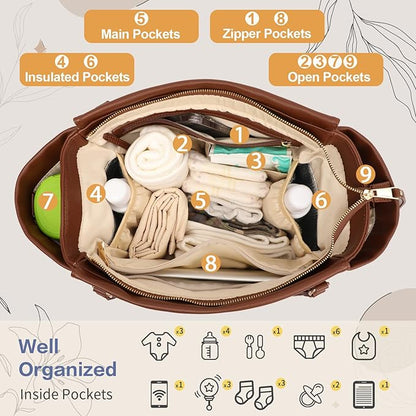 miss fong Diaper Bag Tote Leather Diaper Bag Backpack, Large Capacity Mommy Bag Hospital Bag, 12 Pockets Travel Diaper Tote with Changing Pad Pañaleras Para Bebe for Mom & Dad-Brown | Large Capacity, Mommy Bag, Hospital Bag, 12 Pockets, Travel Diaper T...