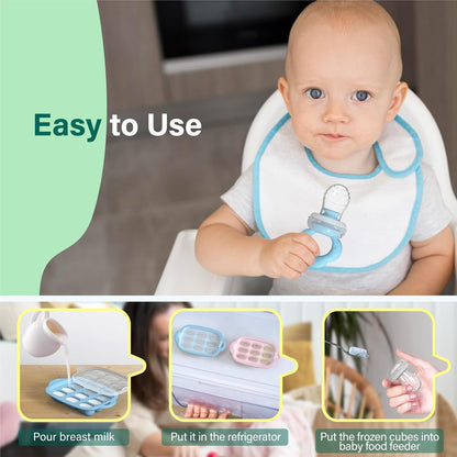 Baby Fruit Food Feeder Breastmilk Popsicle Molds with Freezer Tray, Tenmonth Silicone Baby Feeder for Safe Infant Self Feeding 2 Pack, BPA Free