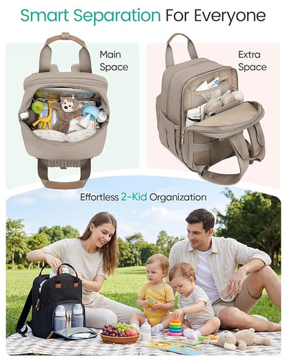 Qualyphant Extra Large Diaper Bag Backpack for Two Kids Twins - Expandable (26-36L) Baby Bag for Mom Girls Boys, Dual Big Compartments - Includes Changing Pad & Stroller Straps, Khaki, Quilted