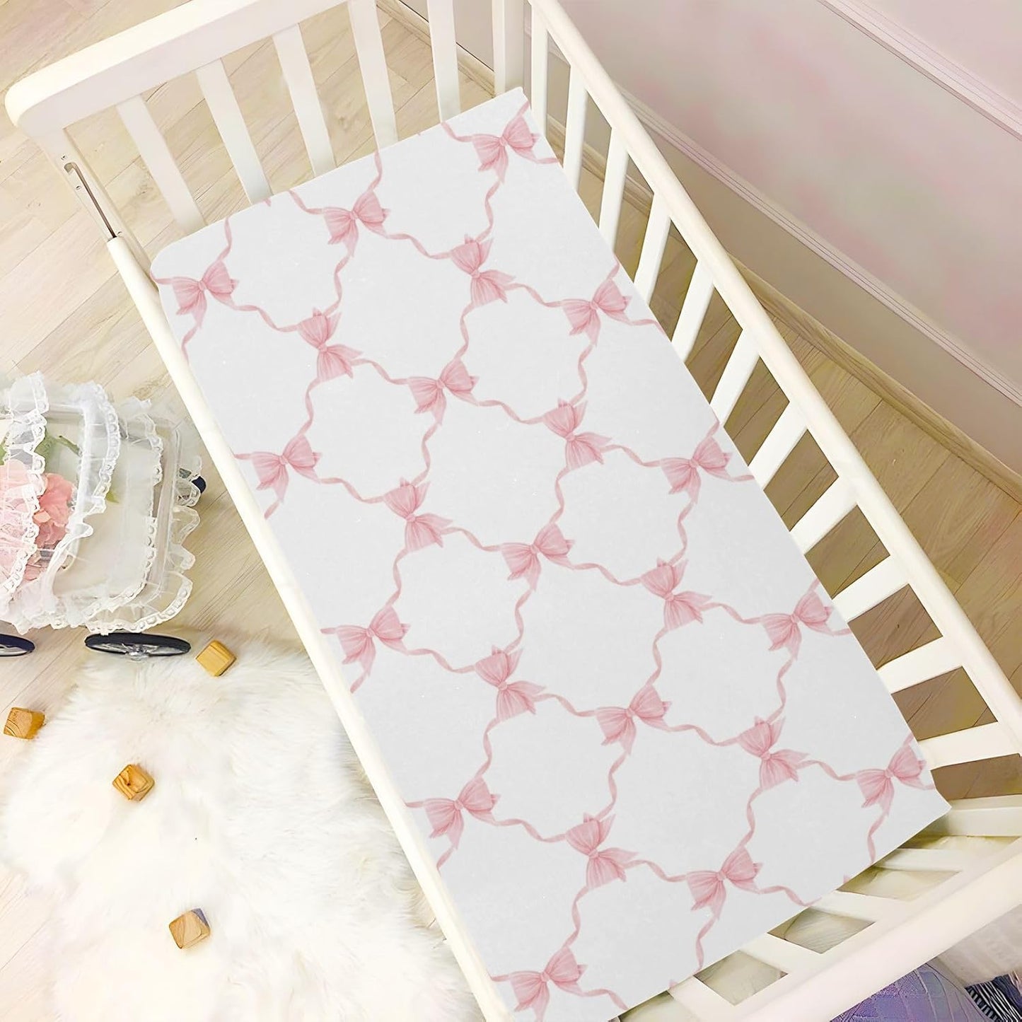 Fitted Crib Sheets Pink Checkered and Bows Stretchy Portable Playard Sheets for Baby Toddler, Breathable Soft Mini Crib Mattress 39 x 27 in for Boys and Girls